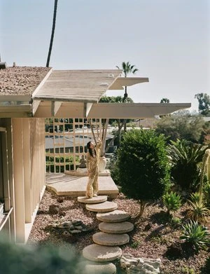 Woman in a shimmering jumpsuit poses on stone steps leading to a mid-century modern house with desert landscaping in sunlight.