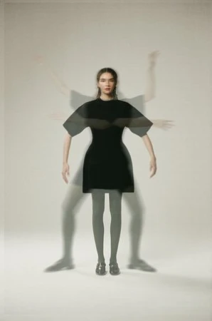 Model in black dress with multiple ghosted motion blur exposures against a neutral light grey background