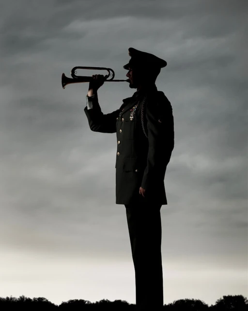 Silhouette of a uniformed person playing a bugle outdoors against a grey sky, highlighting military or formal musical performance.