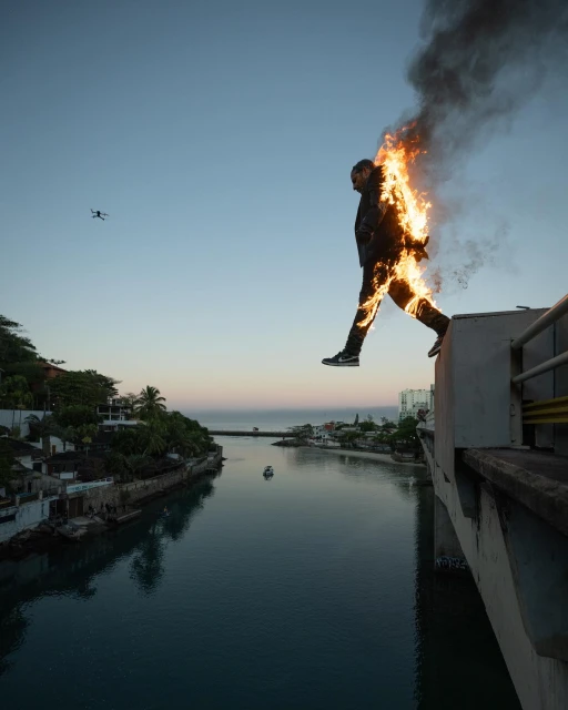 Man engulfed in flames leaps from bridge into water. A drone flies in the sky as he jumps from the bridge into the river.