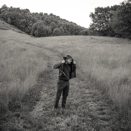 Monochromatic portrait of a man standing in a grassy field, putting on a jacket with a hill and trees in the background.