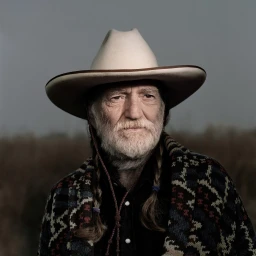 Portrait of musician Willie Nelson wearing a cream cowboy hat and patterned knit sweater against a muted overcast background.