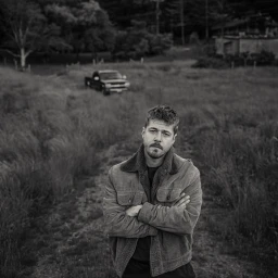 Portrait of a man with arms crossed wearing a corduroy jacket standing in a field with a parked pickup truck in the background.