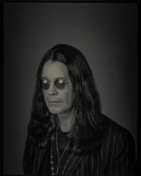 Monochrome portrait of Ozzy Osbourne wearing round tinted sunglasses, cross necklaces, and a pinstripe jacket.