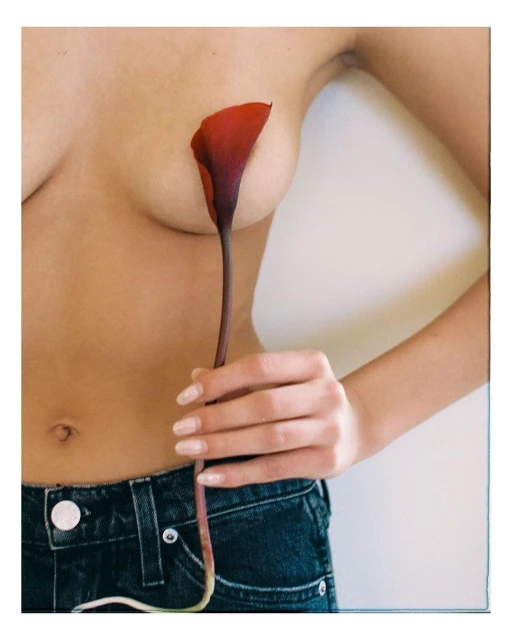 Partial nude woman in blue jeans posing with a red calla lily, set against a plain white background in an indoor setting.