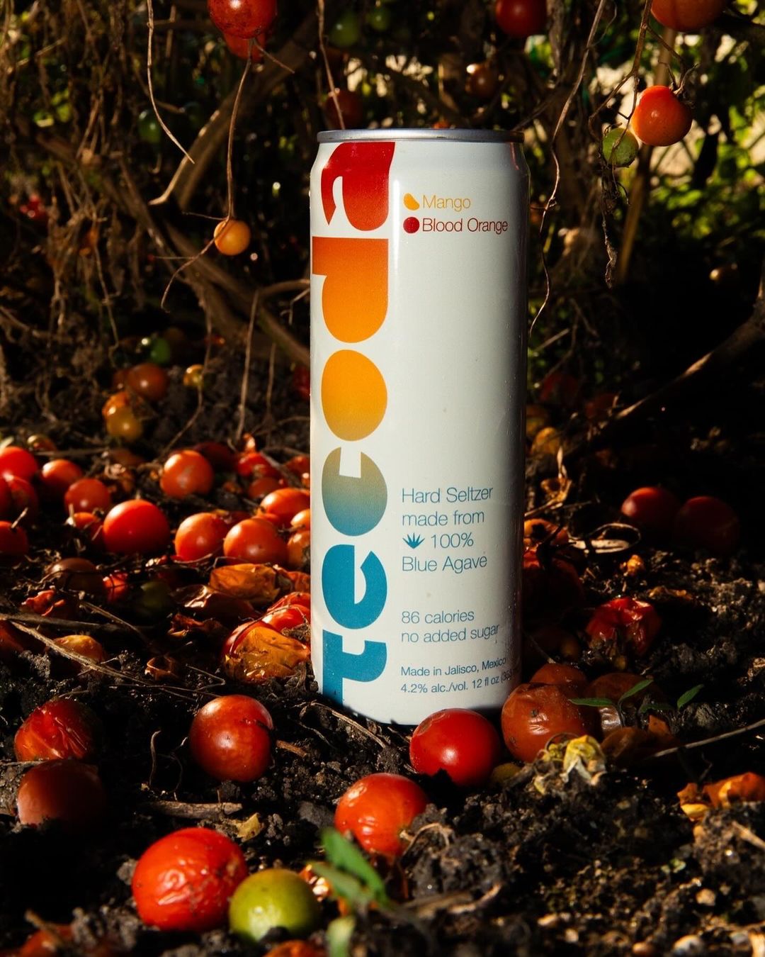 A can of hard seltzer stands in the foreground, surrounded by red tomatoes and natural elements, with the brand name prominently displayed.