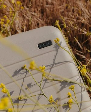 Close-up of a grey suitcase with an Away logo nestled in a field of dry grass and small yellow wildflowers.