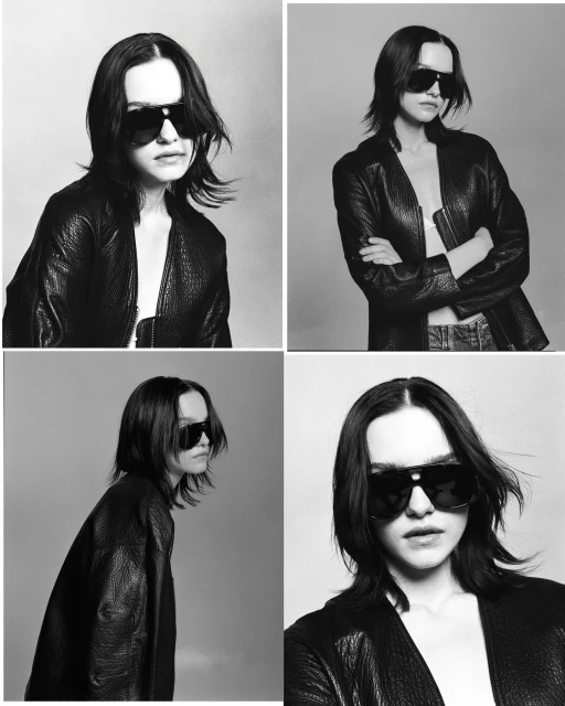 Black-and-white fashion shot of a woman wearing sunglasses and a jacket, captured in a studio setting with a neutral background.
