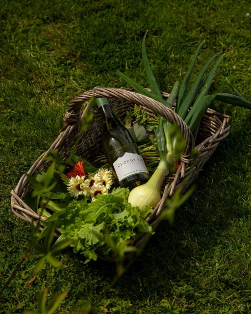 Wicker basket filled with a wine bottle, flowers, leeks, onions and lettuce on a lush green lawn, bathed in natural light.