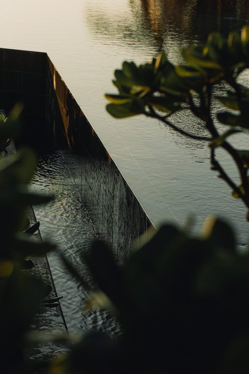 Water feature with greenery. View of flowing water cascading down a structured stone wall, with leaves in the foreground.
