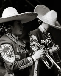 Two musicians wearing ornate charro suits and large sombreros playing trumpets in monochrome
