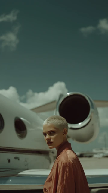 Woman with a shaved head poses in front of a private jet on a tarmac against a partly cloudy sky in an eye-level medium shot.