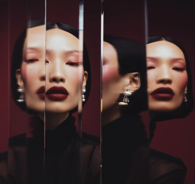 Asian woman portrait with dark hair, red lipstick, and pearl earrings reflected in glass panes against a burgundy background.