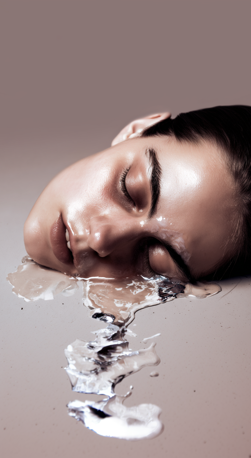 Close-up studio portrait of a woman with closed eyes, shiny skin, and liquid silver dripping from her face in a beauty shot.