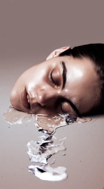 Close-up studio portrait of a woman with closed eyes, shiny skin, and liquid silver dripping from her face in a beauty shot.