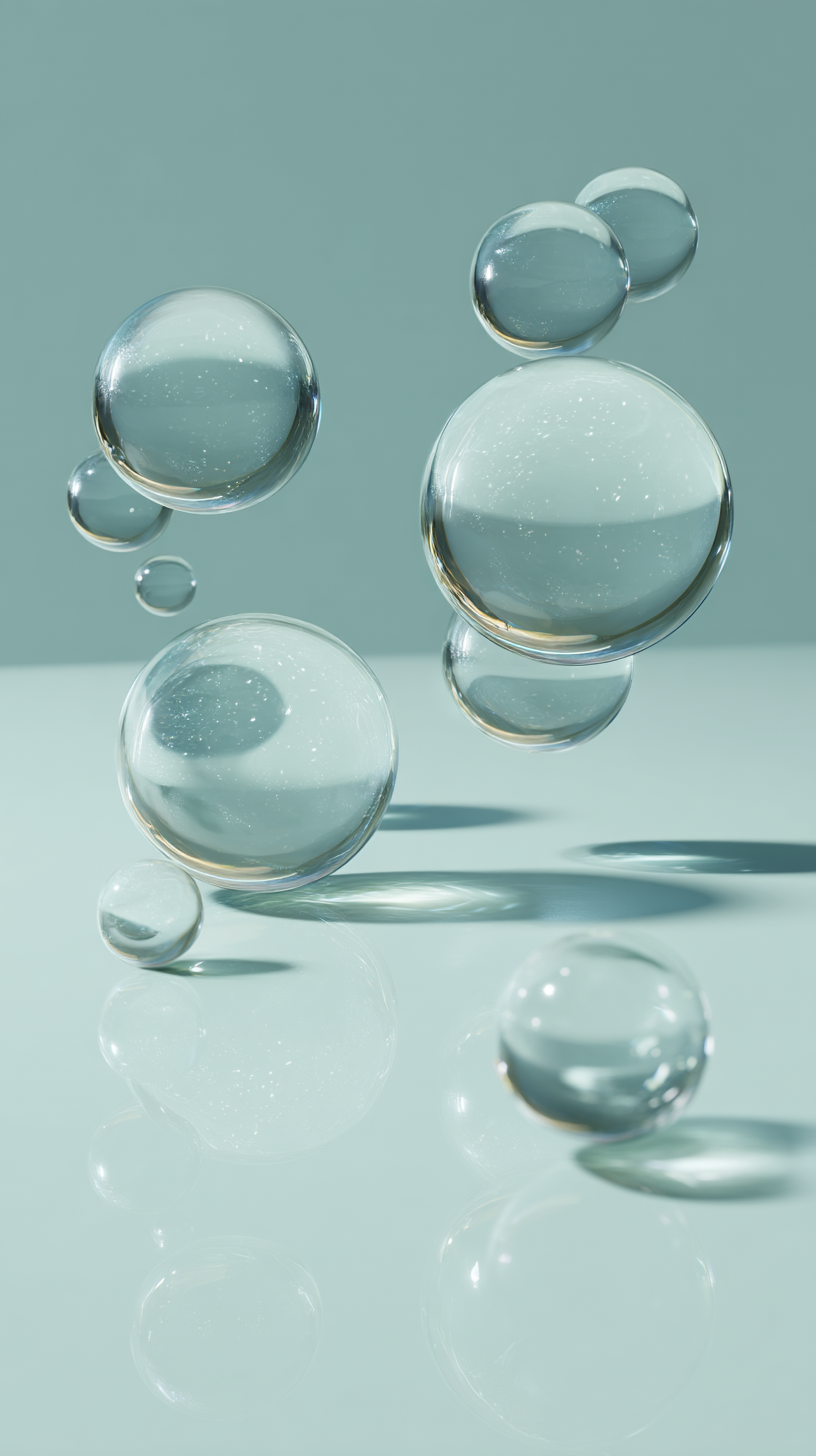Close-up of multiple transparent glass spheres floating above a reflective light-blue surface against a plain background.