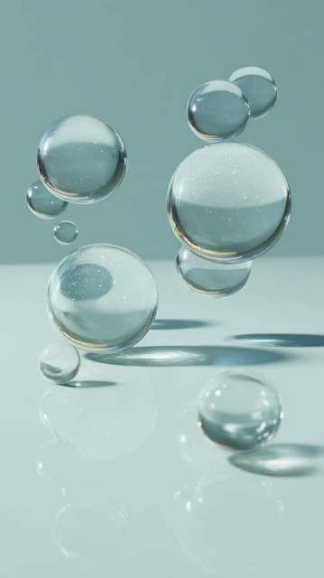 Close-up of multiple transparent glass spheres floating above a reflective light-blue surface against a plain background.
