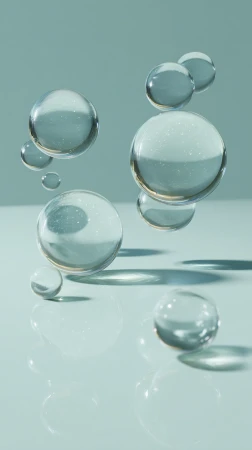 Close-up of multiple transparent glass spheres floating above a reflective light-blue surface against a plain background.