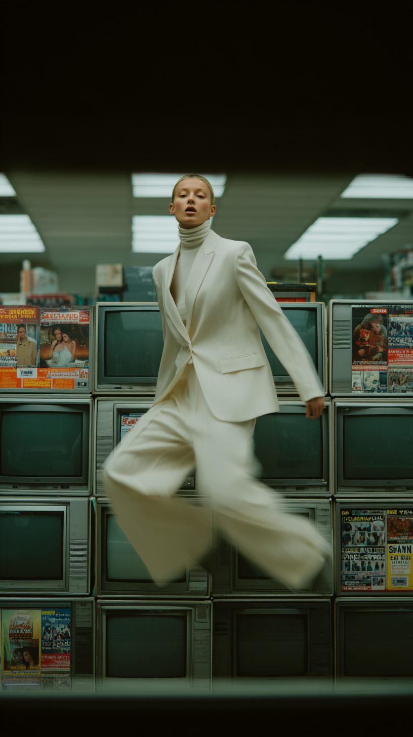 Fashion editorial shot: a woman in a white suit leaps in front of a wall of vintage televisions in a retro-styled indoor location.