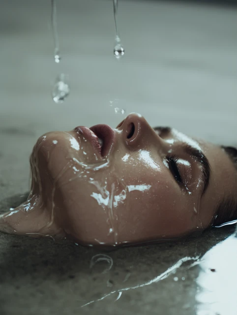 Close-up of a woman's face with water pouring over it, creating a sleek and reflective appearance. The focus is on the wet skin.