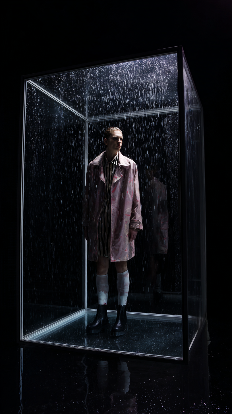 A person stands inside a clear cube with artificial rain falling. They are wearing a pink coat, striped shirt, shorts, socks and black shoes.