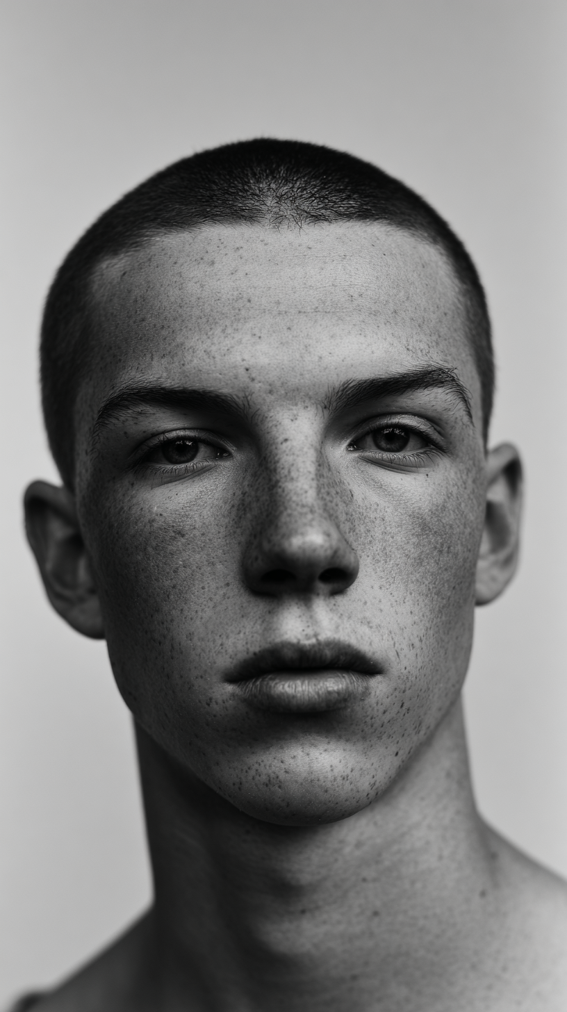 Black and white portrait of a young adult male with a short buzz cut and visible freckles against a plain background. Facial details are clear.