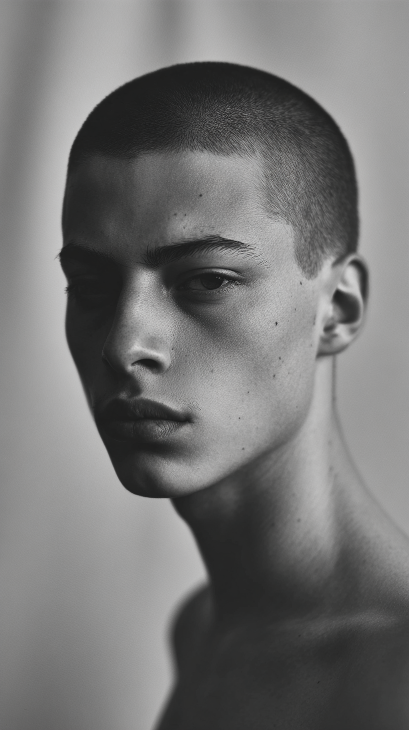 Striking black and white portrait of a young man with a buzzcut, showcasing his features in high contrast against a plain backdrop.