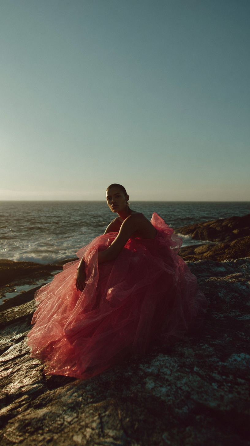 A woman in a flowing pink gown sits on rocks by the ocean under a clear sky in a full shot, capturing a serene and fashionable moment.