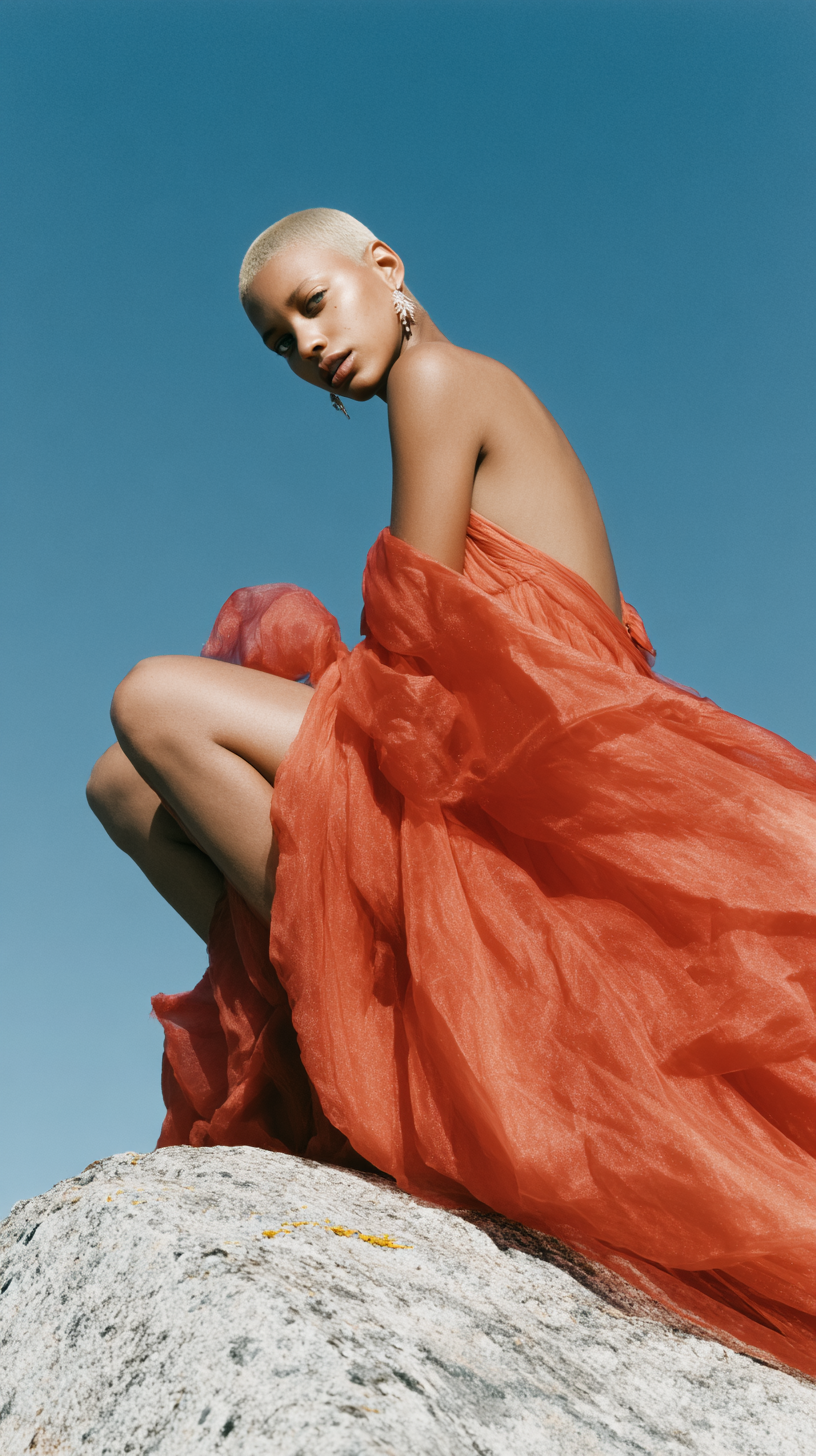 Woman with short blond hair posing on a rock. She is wearing an orange translucent fabric. The background is light blue sky.