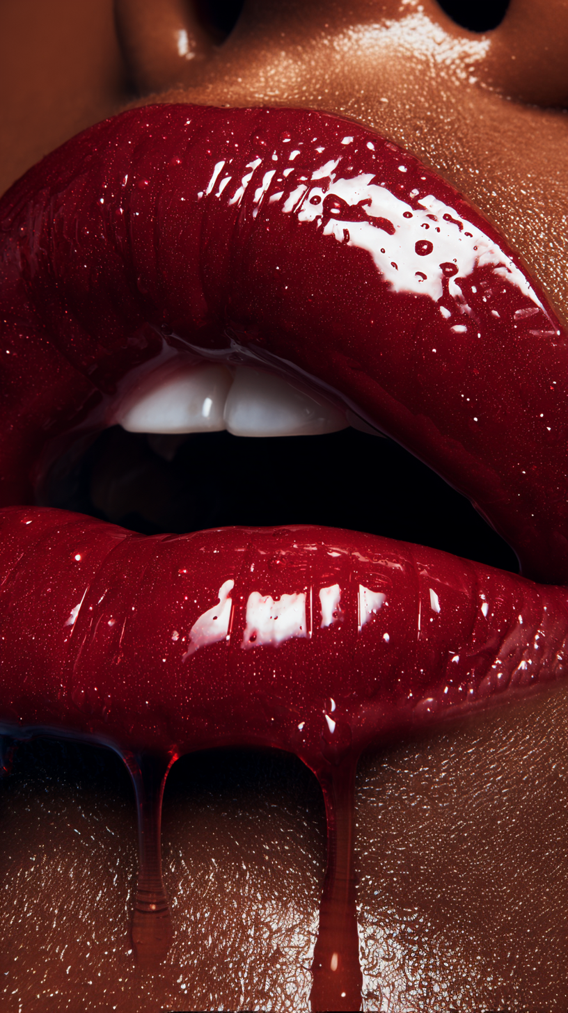 Macro shot of a woman's mouth with glossy red lipstick. Dripping gloss, close-up on lips and teeth. Beauty and cosmetic.