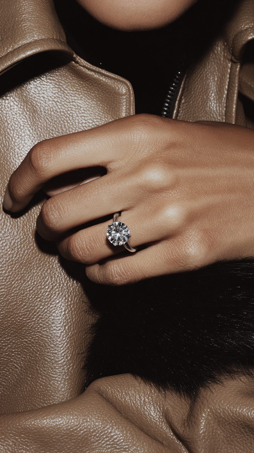 Woman's hand with large diamond ring on ring finger, wearing tan leather jacket with dark trim and neutral color scheme. Engagement ring.