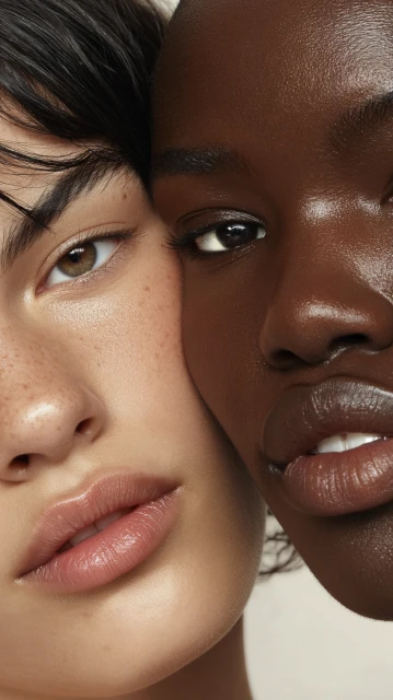 Close-up studio shot featuring the faces of two women with distinct skin tones, showcasing diversity in beauty and skincare.