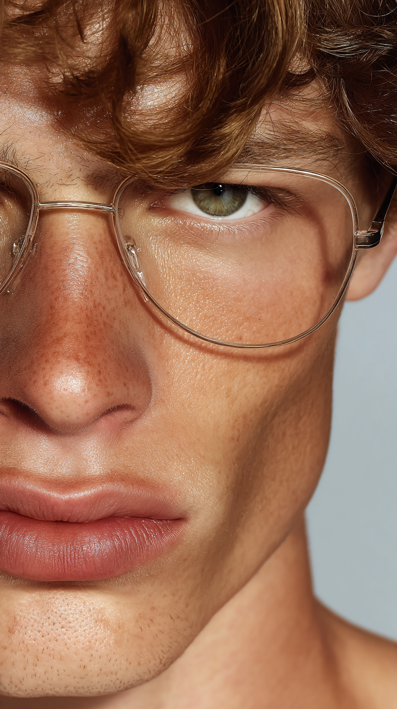 Close-up portrait of a young adult male with light skin and auburn hair wearing gold-rimmed glasses against a neutral grey backdrop.