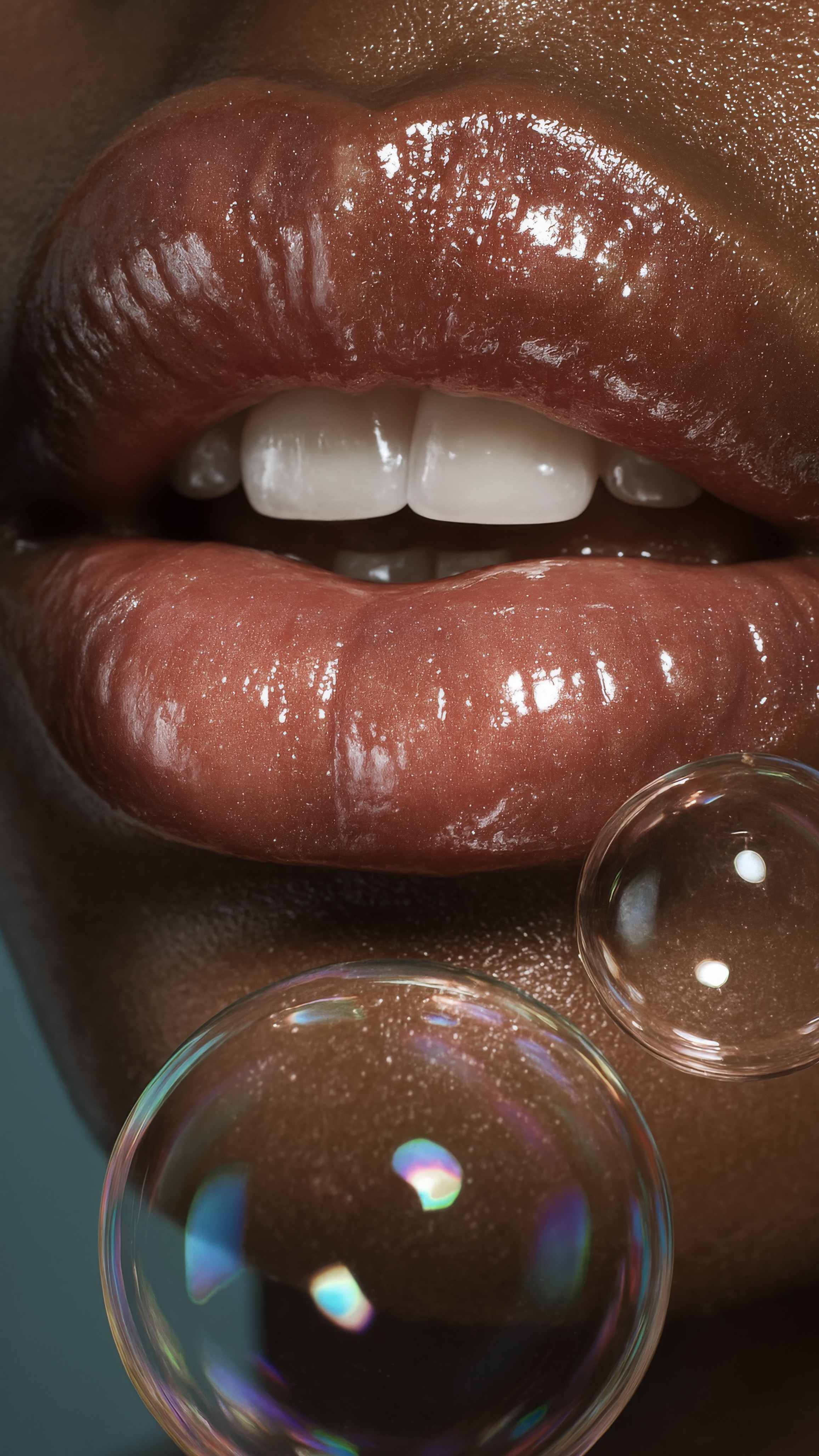 Close-up studio shot of an adult female with dark skin tone featuring glossy lips with pink-brown lipstick and soap bubbles.