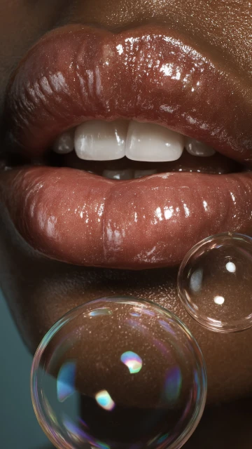 Close-up studio shot of an adult female with dark skin tone featuring glossy lips with pink-brown lipstick and soap bubbles.