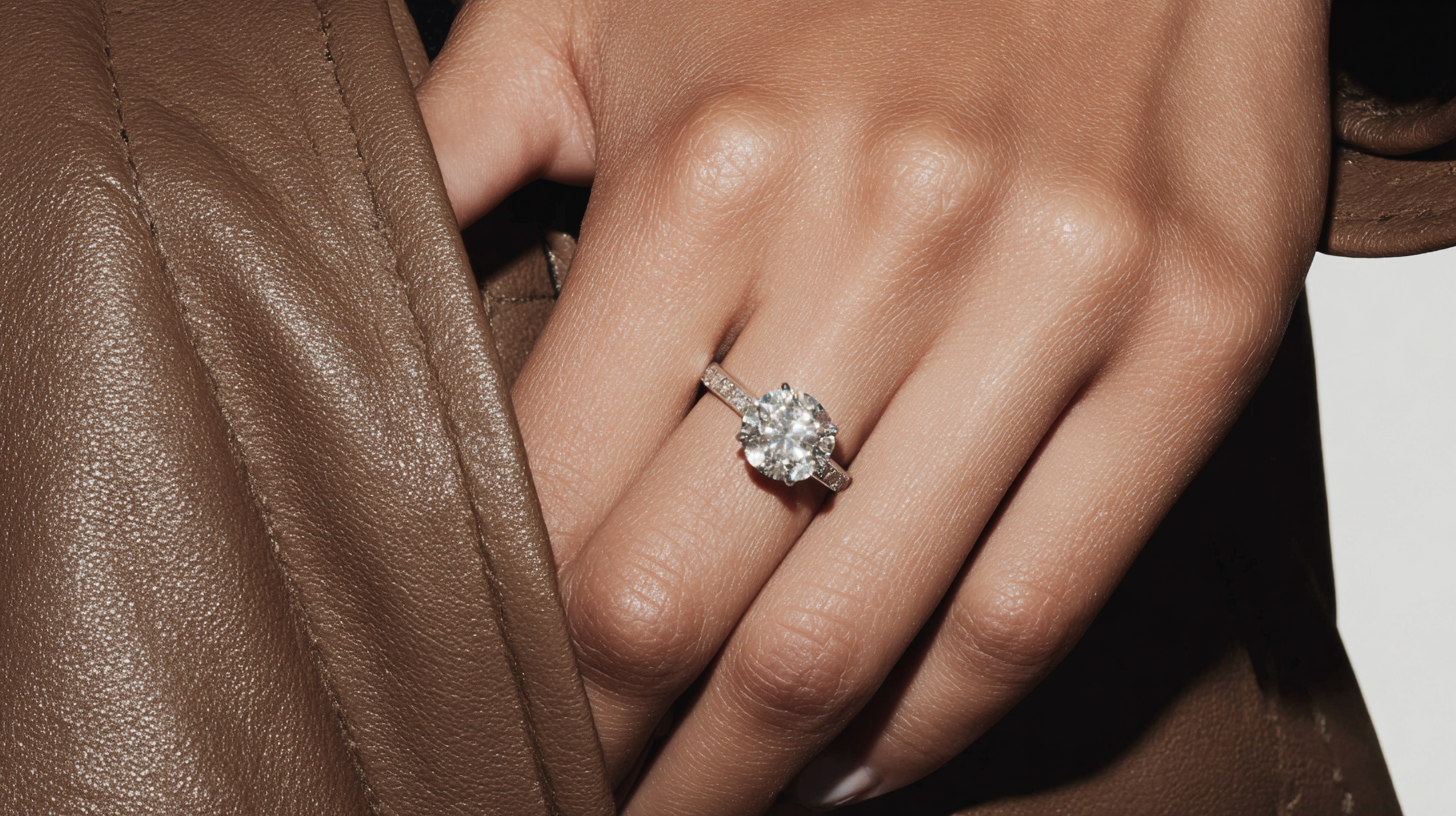 Close-up of a woman's hand with an engagement ring, showcasing a round-cut diamond, set against a soft brown leather jacket.