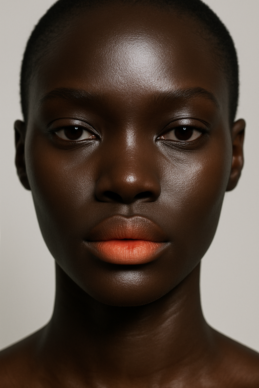 Close-up portrait of a young Black woman with smooth, glowing skin and orange lipstick against a plain off-white background.