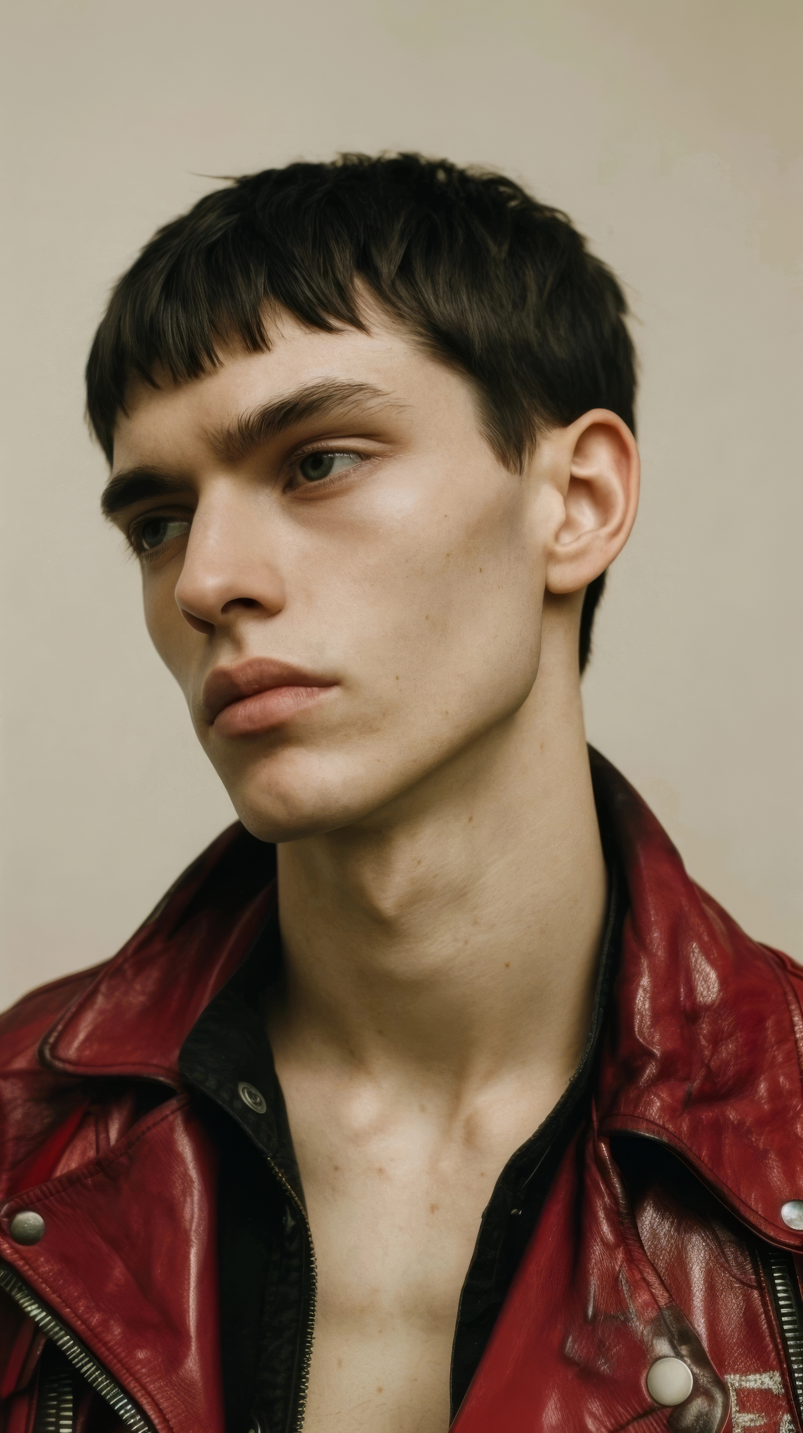 Close-up portrait of a young adult male with dark hair wearing a red leather jacket against a neutral-toned backdrop in a studio setting.