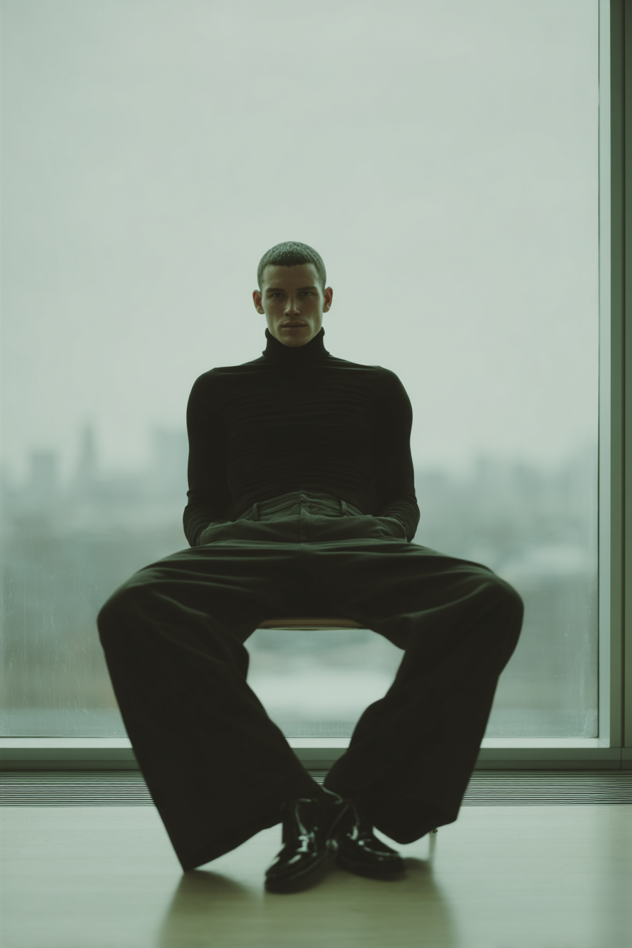 Portrait of a young adult man in a black turtleneck and wide-leg pants, seated on a chair in front of a window in an urban setting.