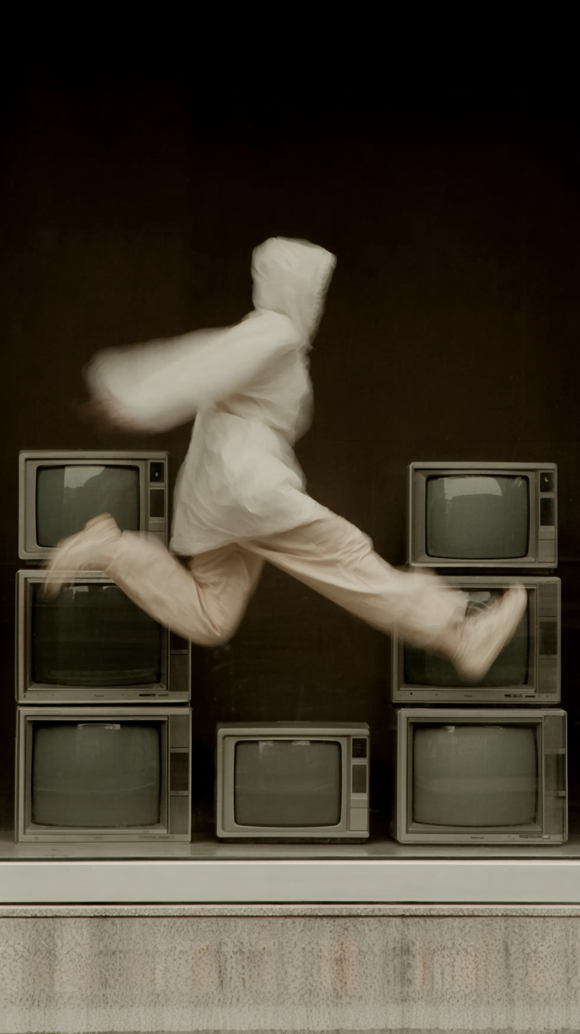 A person in white clothing jumps over a stack of old televisions against a dark background, creating a dynamic and surreal visual.