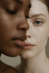 Close-up beauty portrait of two women with contrasting skin tones positioned closely together against a neutral backdrop.