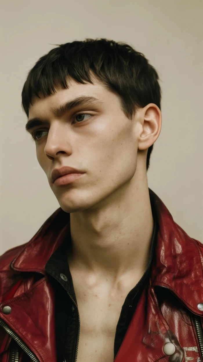Close-up portrait of a young man with dark hair wearing a red leather jacket against a light background.