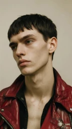 Close-up portrait of a young man with dark hair wearing a red leather jacket against a light background.