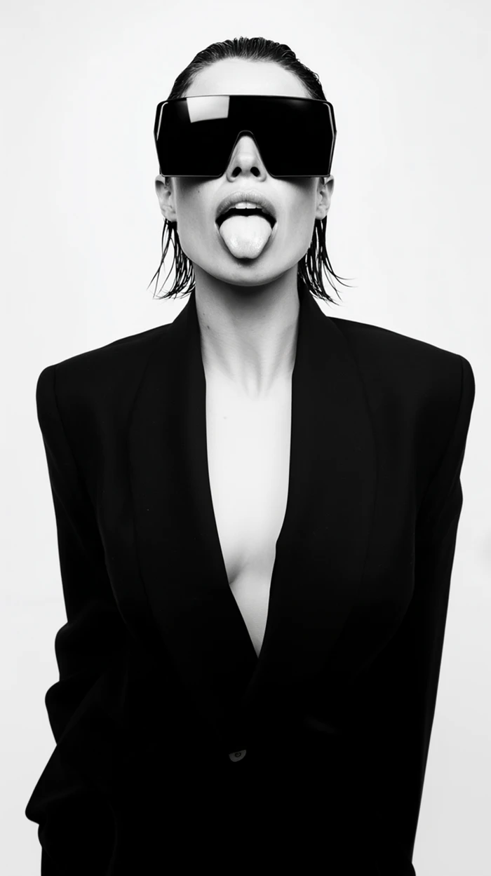 Black and white portrait of a woman in oversized black shield sunglasses and a tailored blazer sticking out her tongue against white backdrop.