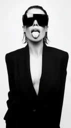 Black and white portrait of a woman in oversized black shield sunglasses and a tailored blazer sticking out her tongue against white backdrop.