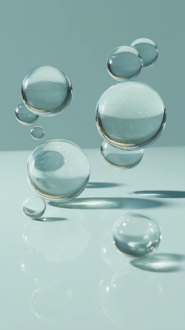 Transparent clear glass spheres floating above a reflective pale mint green surface with soft shadows.
