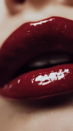 Extreme macro close-up of glossy dark red lips showing reflective shine and fine skin texture created by Simon Portbury