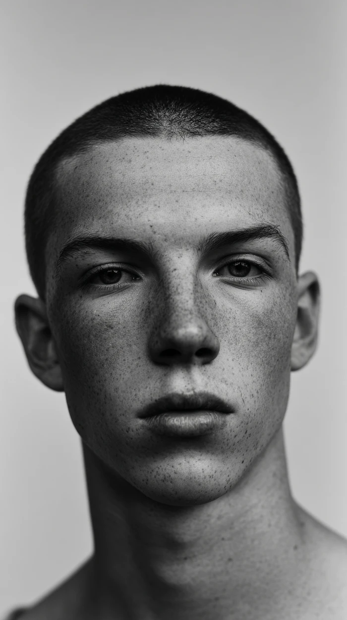 Black and white close-up portrait of a young freckled man with a buzz cut looking directly into the camera.