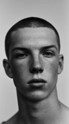 Black and white close-up portrait of a young freckled man with a buzz cut looking directly into the camera.