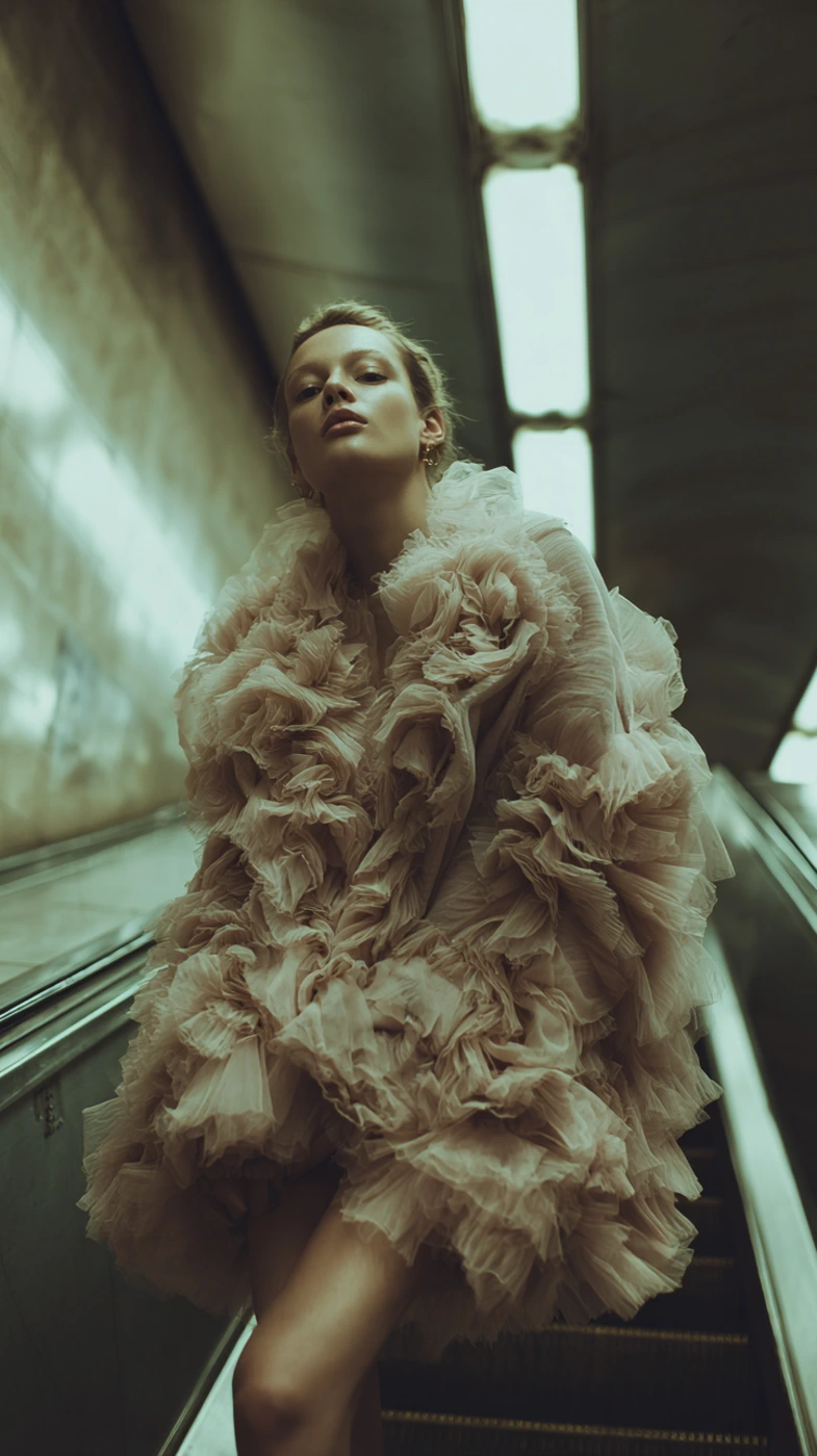 A female model wearing a voluminous ruffled tulle dress on an escalator, shot from a low angle with dramatic overhead lighting.
